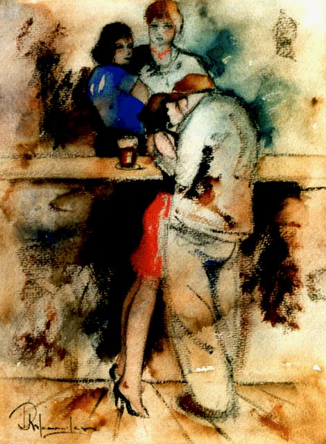 Rijlaarsdam J.  | A fond embrace at the bar, black chalk and watercolour on paper 35.0 x 27.0 cm, signed l.l.