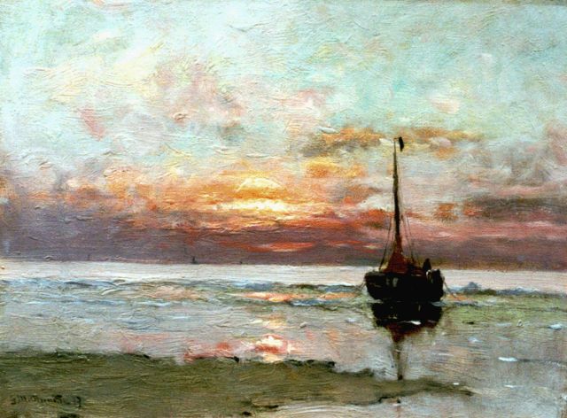 Morgenstjerne Munthe | Moored 'bomschuit' by sunset, oil on canvas, 30.6 x 41.0 cm, signed l.l. and dated '19