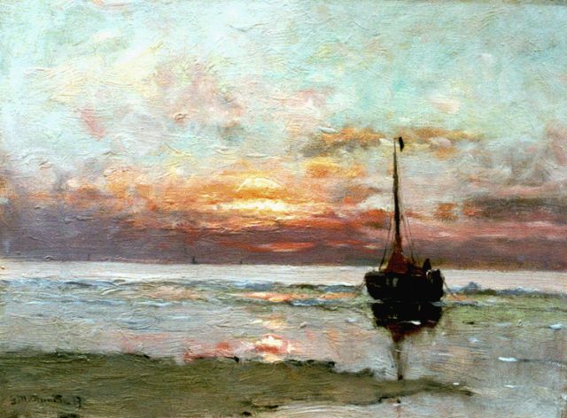 Morgenstjerne Munthe | Moored 'bomschuit' by sunset, oil on canvas, 30.6 x 41.0 cm, signed l.l. and dated '19