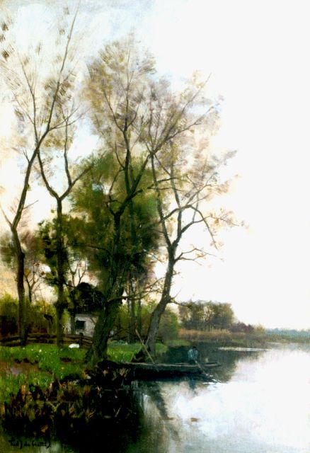 Rossum du Chattel F.J. van | A sunlit river landscape, oil on canvas 56.7 x 39.6 cm, signed l.l.