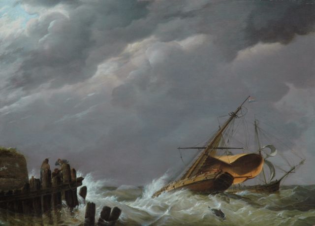 Koekkoek J.H.  | Dutch sailing vessels in stormy weather near the harbour, oil on panel 44.9 x 62.1 cm, signed l.l. and dated 1816