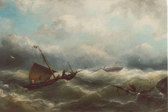 Nicolaas Riegen | Shipping in distress, oil on canvas, 29.8 x 46.8 cm, signed l.l.