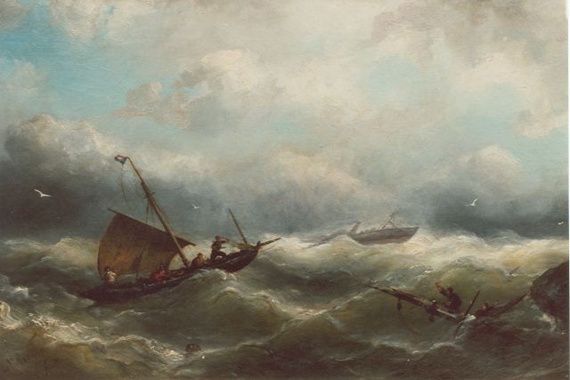 Riegen N.  | Shipping in distress, oil on canvas 29.8 x 46.8 cm, signed l.l.