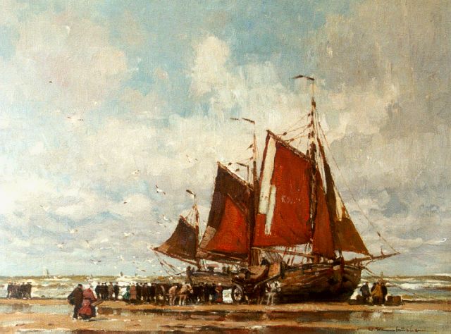 Wilhem Hambüchen | 'Bomschuiten' on the beach of Katwijk, oil on canvas, 60.0 x 80.2 cm, signed l.r.