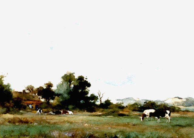 Adriaan Groenewegen | Cattle grazing, the dunes in the distance, watercolour and gouache on paper, 23.0 x 31.2 cm, signed l.l.