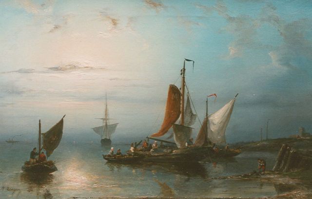 Nicolaas Riegen | Shipping in an estuary, oil on canvas, 31.5 x 48.0 cm, signed l.l.