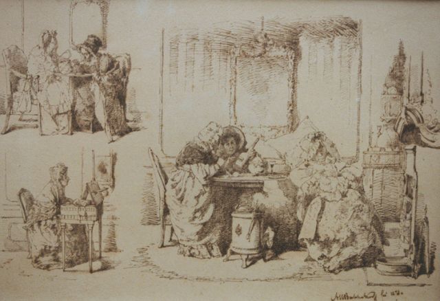 Bakker Korff A.H.  | Three interior drawings, pen and ink on paper 29.1 x 41.2 cm, signed l.r. and dated 1873