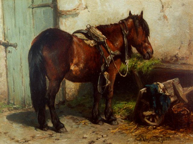 Verschuur jr. W.  | A horse on a yard, oil on panel 15.2 x 20.3 cm, signed l.r.