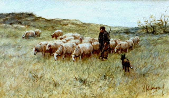 Anton Mauve | A shepherd with his flock, watercolour on paper, 14.6 x 24.4 cm, signed l.r.