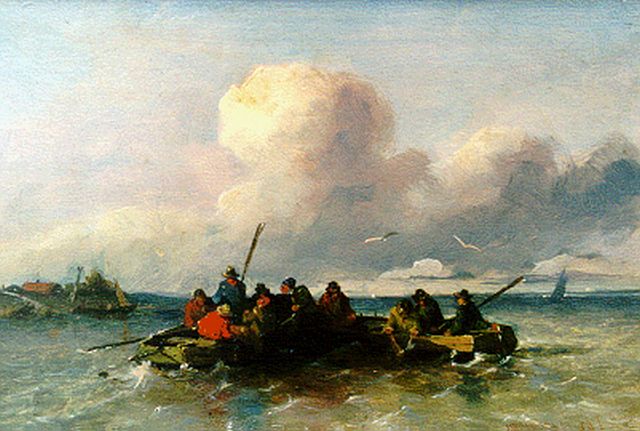 Weissenbruch J.  | Rowing boats on the Zuiderzee, oil on panel 14.6 x 22.0 cm, signed l.r. and dated 1852