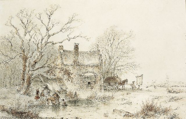 Andreas Schelfhout | A winter landscape with figures on a frozen waterway, pencil and ink on paper, 27.1 x 41.5 cm, signed l.l. and dated '50