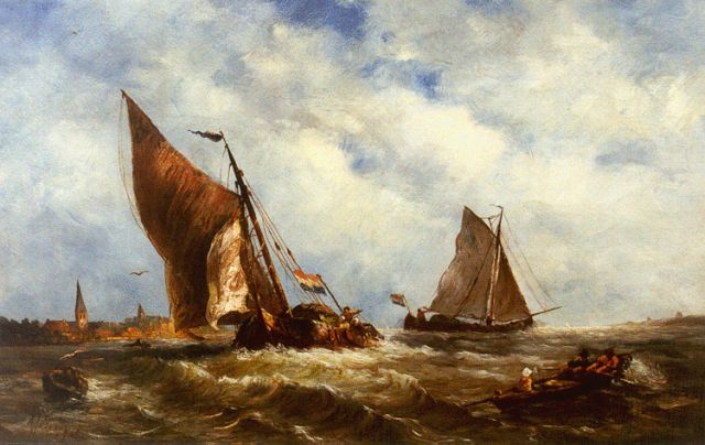 Albert Jurardus van Prooijen | Shipping on choppy waters, oil on panel, 23.6 x 37.1 cm, signed l.l.