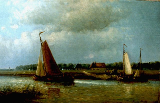 Hendrik Hulk | A river landscape with flatboats, oil on canvas laid down on panel, 14.2 x 22.9 cm, signed l.r.