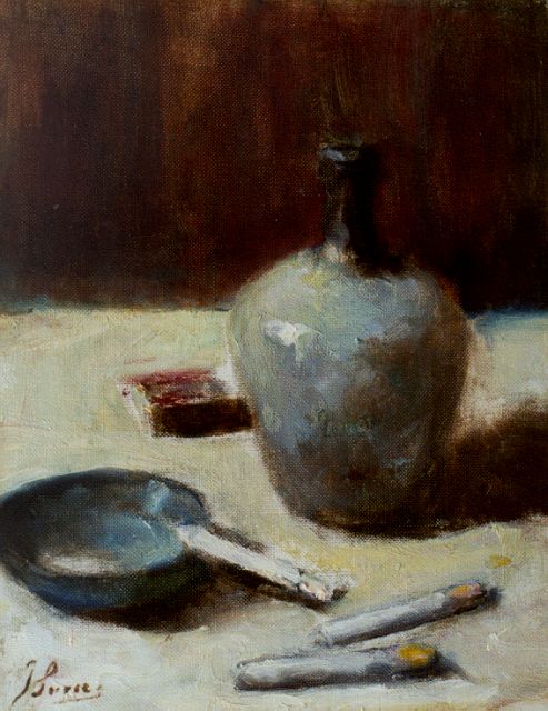 Surie J.  | Still life with cigarettes and a Jug, oil on canvas 30.1 x 24.3 cm, signed l.l.