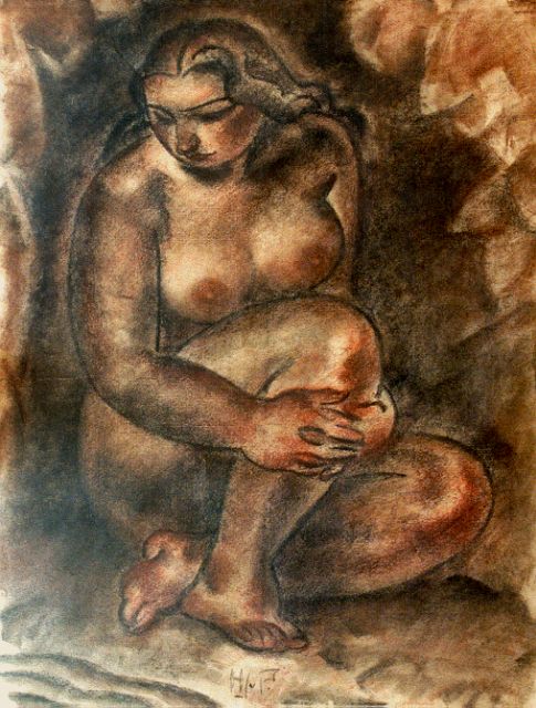 Piggelen H.J. van | Seated nude, pastel on paper 613.0 x 47.0 cm, signed l.m.
