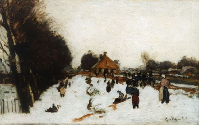 Poggenbeek G.J.H.  | Having fun on the ice, oil on canvas laid down on painter's board 21.1 x 33.0 cm, signed l.r.