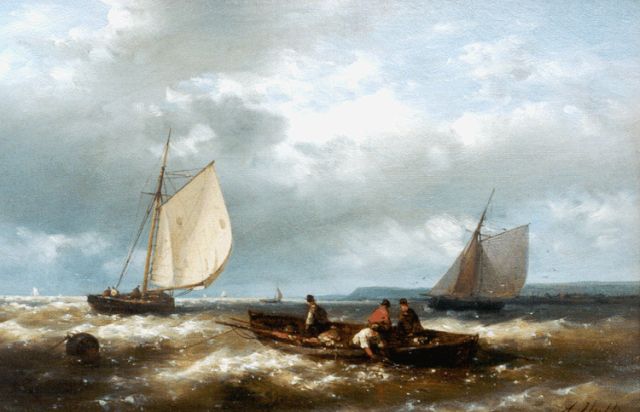 Abraham Hulk | Sailors in a row-boat off the coast, oil on canvas, 20.4 x 30.6 cm, signed l.r.