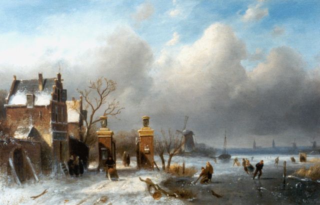 Charles Leickert | Skaters on a frozen waterway, oil on panel, 25.0 x 40.0 cm, signed l.r.