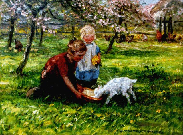 Zoetelief Tromp J.  | Children feeding a goat, Blaricum, oil on canvas 30.0 x 40.0 cm, signed l.r. and on the reverse