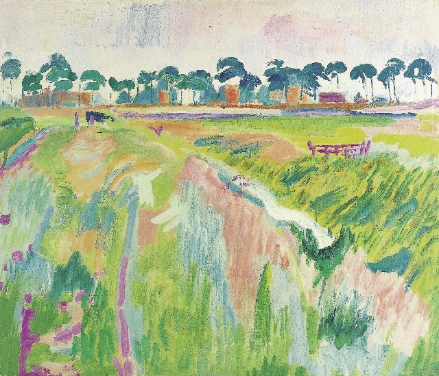 Altink J.  | A landscape, Groningen, recto and verso, wax paint on canvas 51.5 x 60.2 cm, painted in 1926