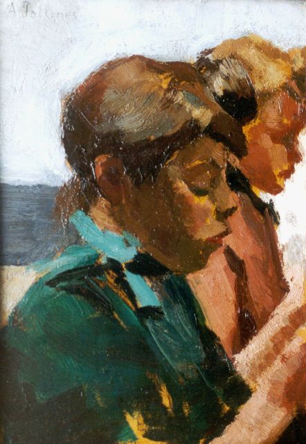 Pollones J.A.  | Two girls at work, oil on panel 21.8 x 15.6 cm, signed u.l.