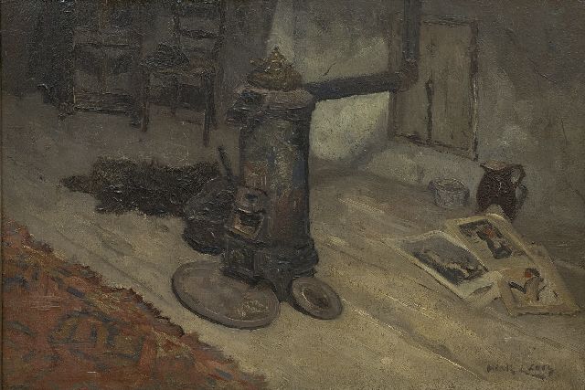 Henk Leurs | Interior with a round iron stove, oil on canvas, 40.6 x 60.5 cm, signed l.r.