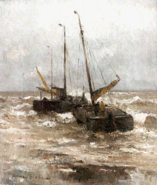 German Grobe | 'Bomschuiten' setting out for Sea, oil on canvas, 40.8 x 34.6 cm, signed l.l.