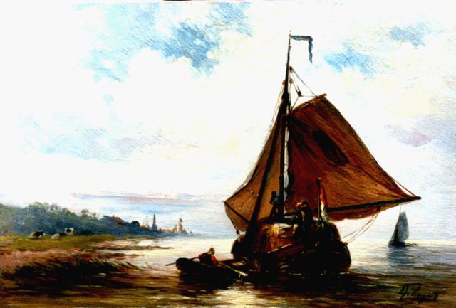 Prooijen A.J. van | A haybarge, oil on panel 19.1 x 28.3 cm, signed l.r.