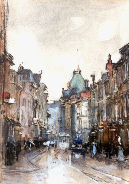 Floris Arntzenius | A view of the 'Gravenstraat', Den Haag, black chalk and watercolour on paper, 20.1 x 14.8 cm, signed l.r.