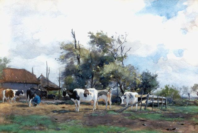 Groenewegen A.J.  | Milking the cows, watercolour on paper 25.7 x 36.0 cm, signed l.l.