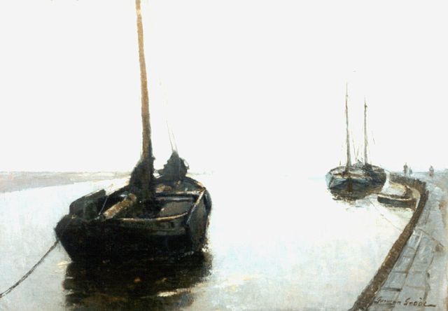 German Grobe | Moored Shrimp Boats, Katwijk aan Zee, oil on canvas, 70.1 x 100.4 cm, signed l.r.