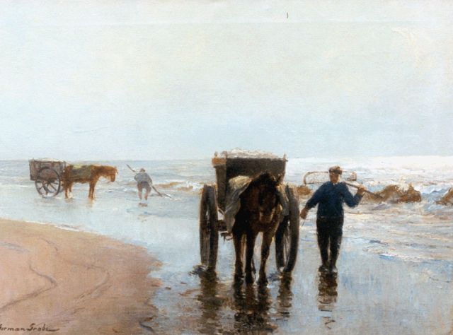 German Grobe | Shell-gatherers on the beach of Katwijk, oil on canvas, 55.9 x 74.6 cm, signed l.l.