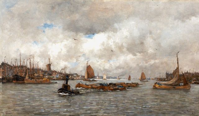 Kees van Waning | Activities on the river the Maas, Rotterdam, oil on canvas, 83.3 x 143.6 cm, signed l.r. and dated 1919
