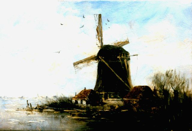 Hobbe Smith | A windmill in a polder landscape, oil on canvas, 21.3 x 31.8 cm, signed l.l.