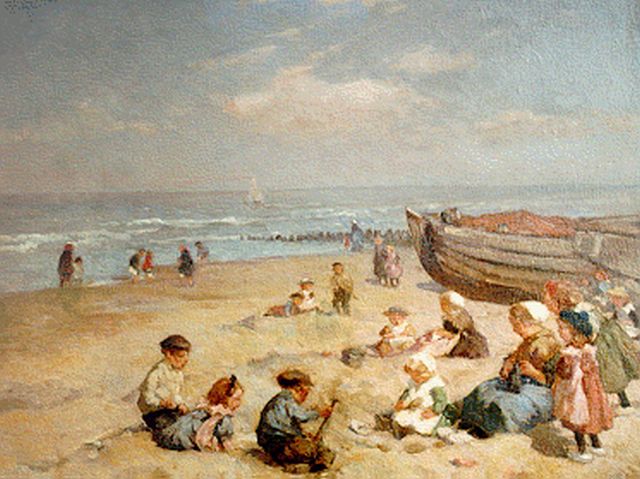 Johannes Evert Akkeringa | Children playing at the beach, oil on canvas, 37.4 x 47.0 cm, signed l.l.