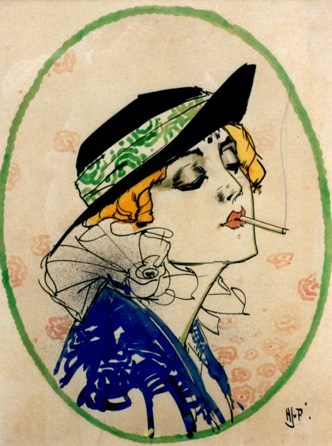 Piggelen H.J. van | A lady with a cigarette, watercolour on paper 51.0 x 39.0 cm, signed l.r. with initials