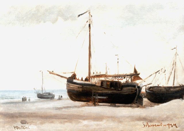 Deiters H.  | Fishing boats on the beach of Scheveningen, oil on painter's board laid down on panel 30.0 x 41.0 cm, signed l.l.