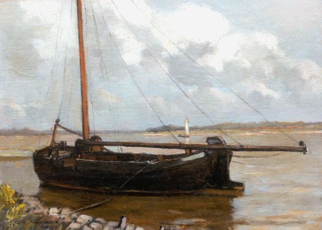 Xeno Münninghoff | A moored flatboat, oil on canvas laid down on painter's board, 21.4 x 29.4 cm, signed l.l.