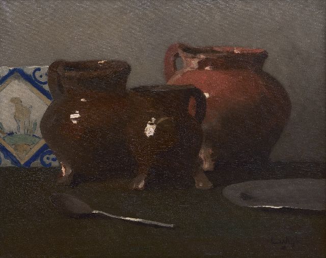 Vlist L. van der | Still life with lead glaze jars, oil on canvas 40.2 x 50.2 cm, signed l.r.