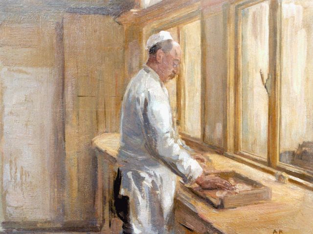 Anton Mauve jr. | Baker Carbonel at work, oil on panel, 27.0 x 35.1 cm, signed l.r. with initials
