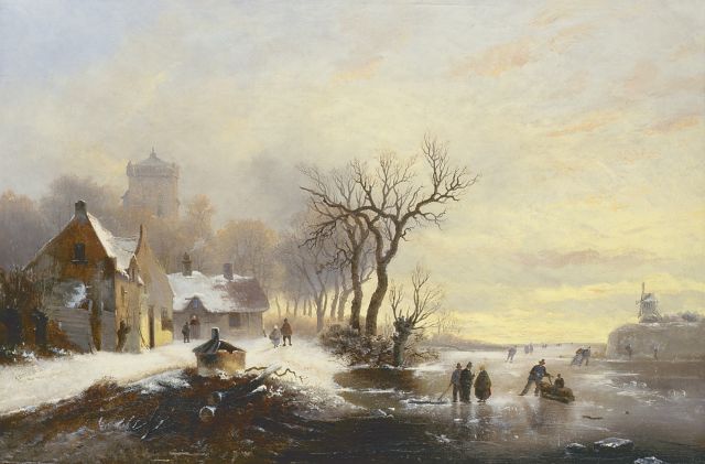 Alexis de Leeuw | Skaters on the ice with a village beyond, oil on canvas, 40.6 x 61.0 cm