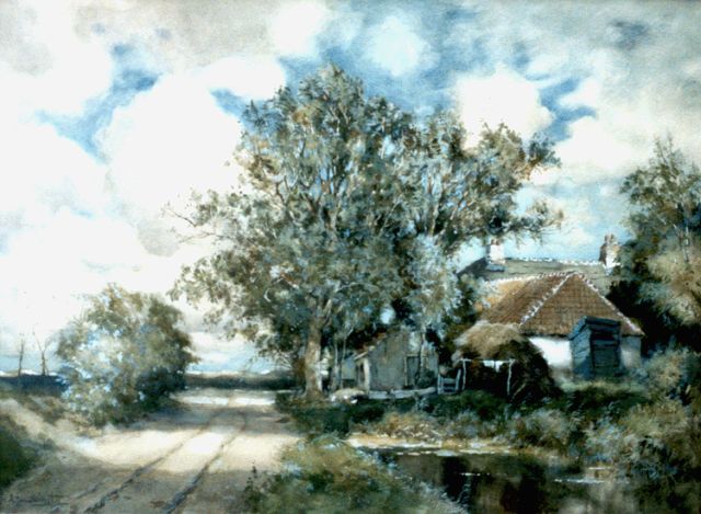 Driesten A.J. van | A farm in a Dutch landscape, watercolour on paper 54.0 x 75.0 cm, signed l.l.