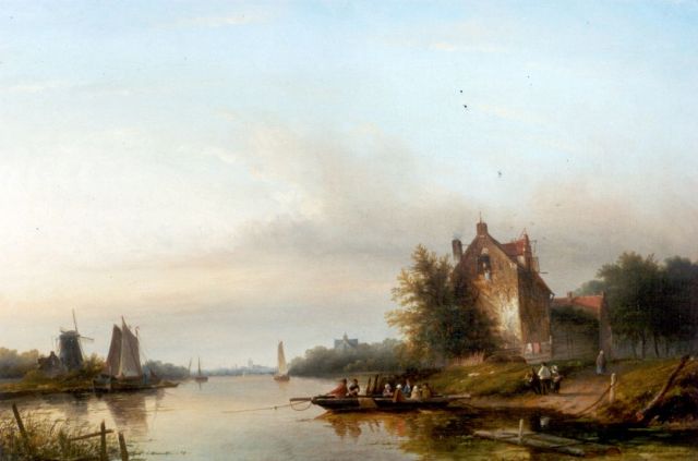 Jacob Jan Coenraad Spohler | A river landscape with a ferry, oil on canvas, 65.0 x 93.2 cm, signed l.r.