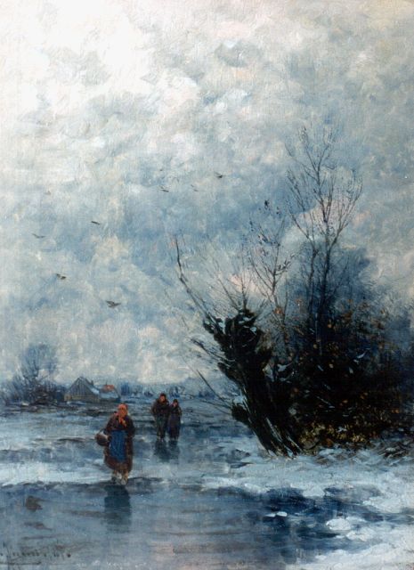 Jungblut J.  | A winter landscape with figures on the ice, oil on panel 23.9 x 18.0 cm, signed l.l.