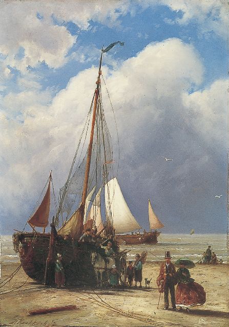 Hermanus Koekkoek jr. | An elegant company by a 'bomschuit', oil on panel, 38.5 x 27.2 cm, signed l.l.