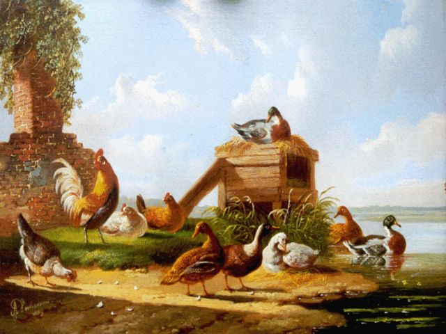 Albertus Verhoesen | Poultry in a classical landscape, oil on panel, 12.9 x 16.9 cm, signed l.l. and dated 1869