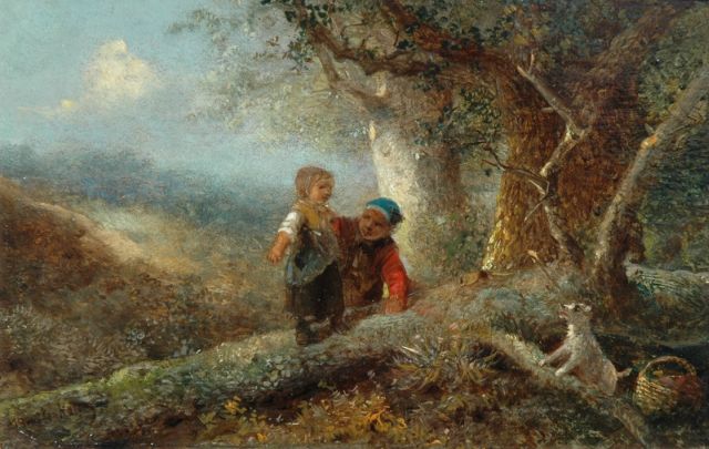 Mari ten Kate | Children playing in a forest, oil on panel, 11.9 x 18.4 cm, signed l.l.