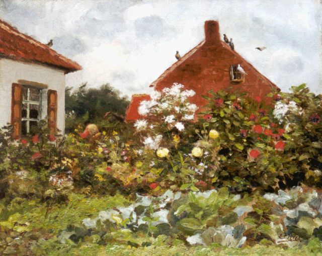 Pieters E.  | In the garden, oil on canvas 32.2 x 40.2 cm, signed l.r.