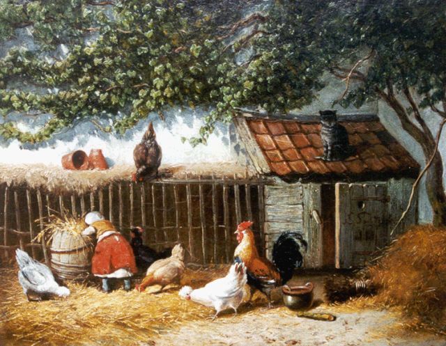 Smits J.G.  | Feeding the chickens, oil on panel 24.7 x 31.4 cm, signed l.r.