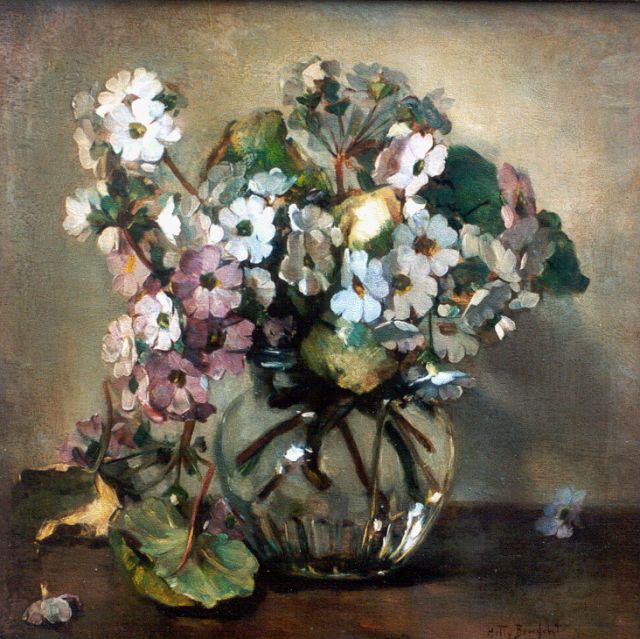 Broedelet-Henkes H.  | Primroses in a vase, oil on panel 28.3 x 27.7 cm, signed l.r.